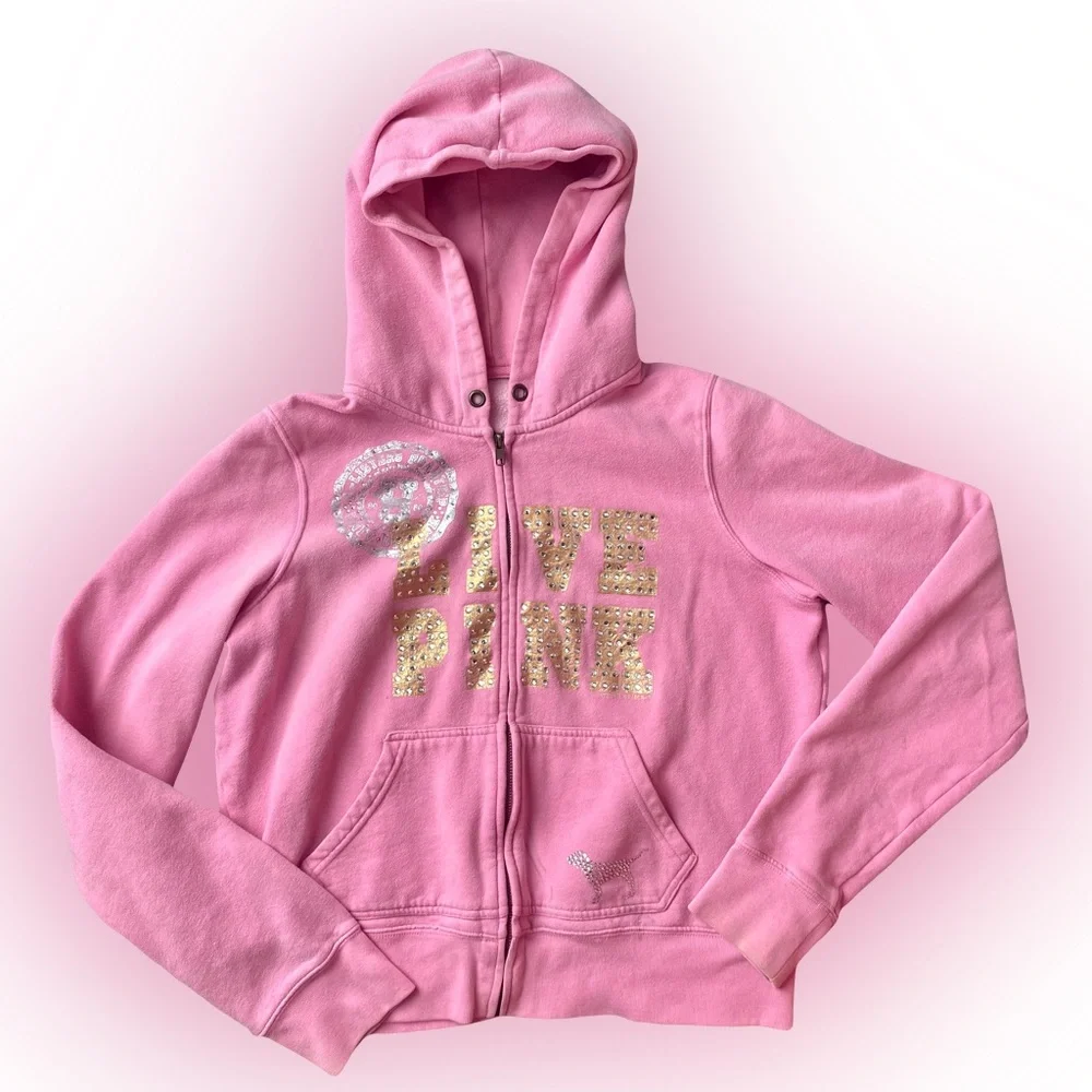 VTG VS PINK Y2K PINK AND GOLD EMBELLISHED ZIP-UP JACKET // SIZE XS💖